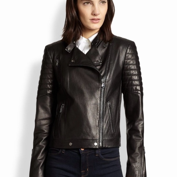 J Brand Black Leather Motorcycle Jacket with Quilted Detailing Size M